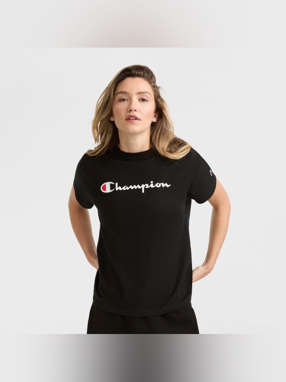 Champion Womens‎ Black Script Logo Short Sleeve Crew Neck Cotton T-Shirt L GT23H